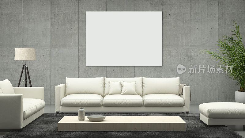 极简主义现代室内客厅，沙发和海报框架