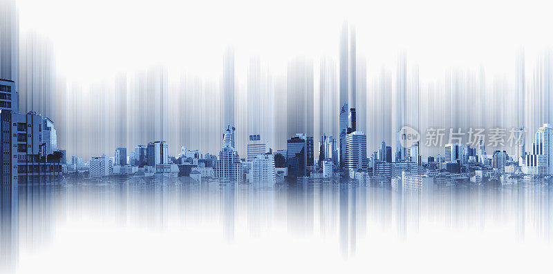 蓝色全景城市与运动图形、科技城市连接