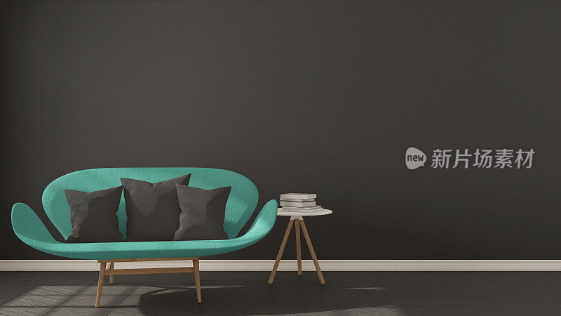 斯堪的纳维亚简约的深色背景，人字形天然拼花地板上的绿松石沙发，室内设计