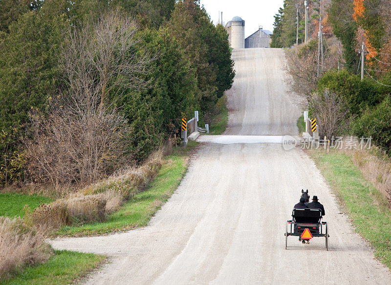 在安大略，一条宽阔的道路上有门诺派的马和四轮马车