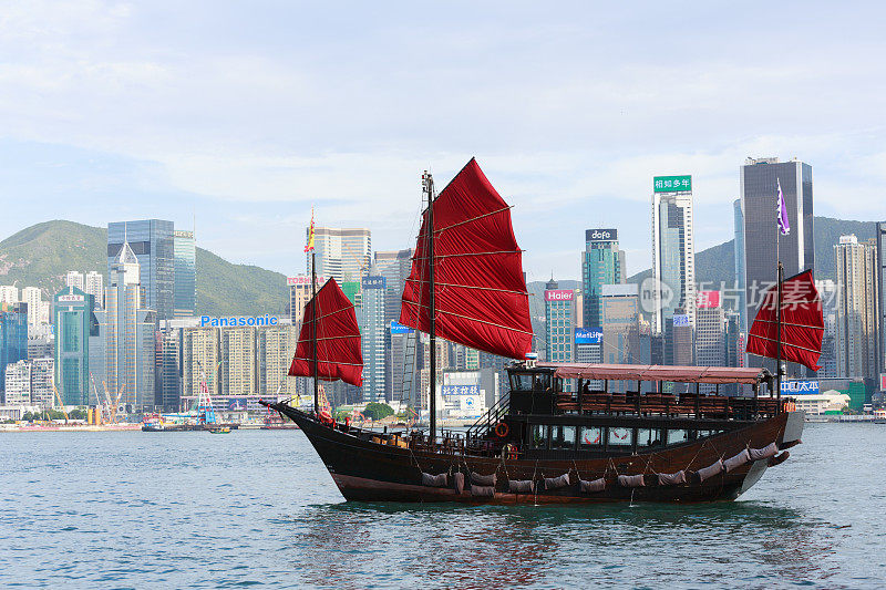 带有香港天际线的中国旧帆船