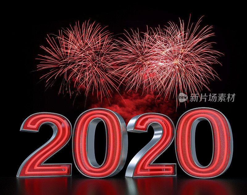 红色霓虹迎接2020年，伴着烟花