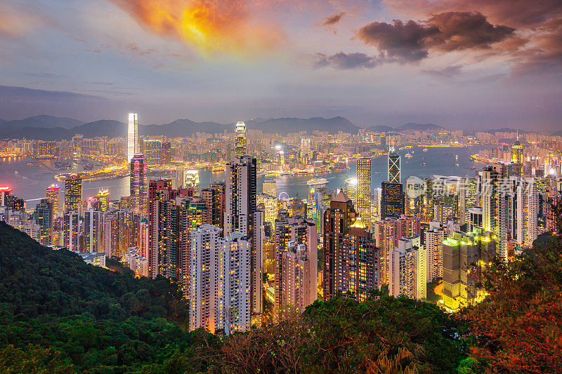 缤纷日落黄昏的香港城市景观