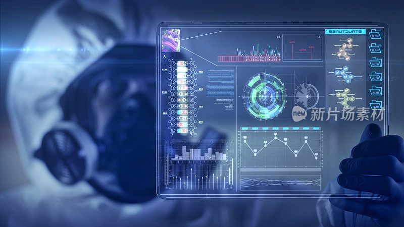 穿着干净西装研究DNA突变的科学家。虚拟触屏。Covid-19并发症