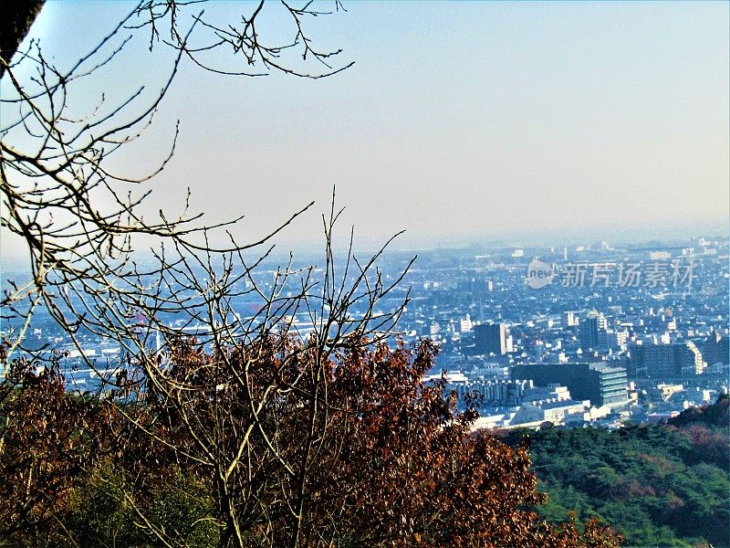 日本。12月。大田市的全景从邻居的山。