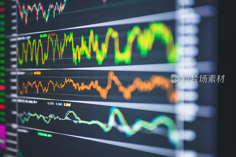 交易投资分析数据在股市监控室后台，外汇交易图形，证券交易所在线交易，金融投资概念