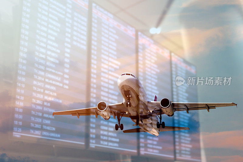 飞机和航班信息屏幕双曝光概念