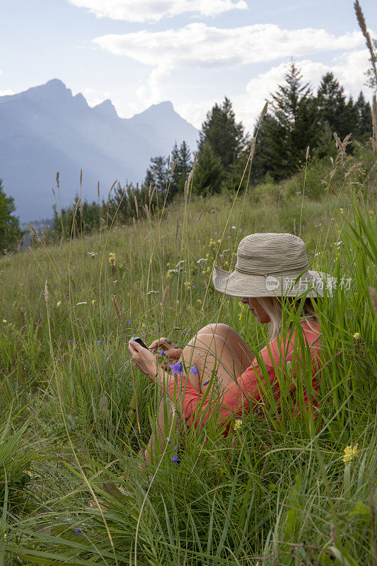 戴着太阳帽的成熟女人在草地上用手机