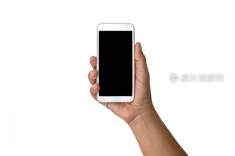 手机黑屏在年轻女子的左手孤立在白色背景与剪切路径。
