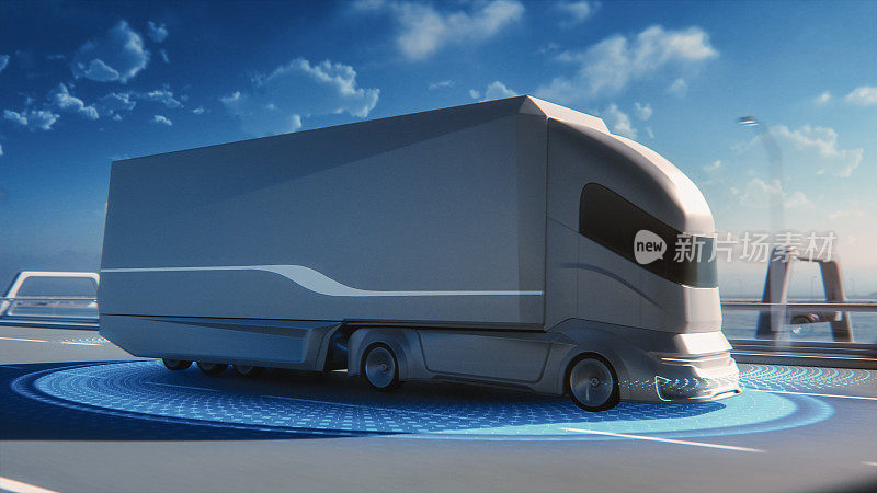 未来技术概念:自动驾驶卡车与货物拖车在道路上驾驶扫描传感器。零排放电动汽车分析高速公路的特效。