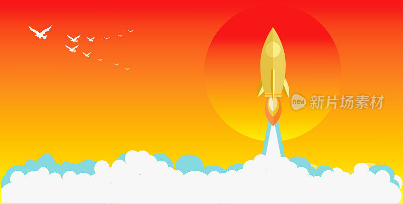 金色的火箭发射,船。说明市场上的商业产品的概念。可用于登陆页面，模板，网页，移动应用程序，海报，横幅，传单。