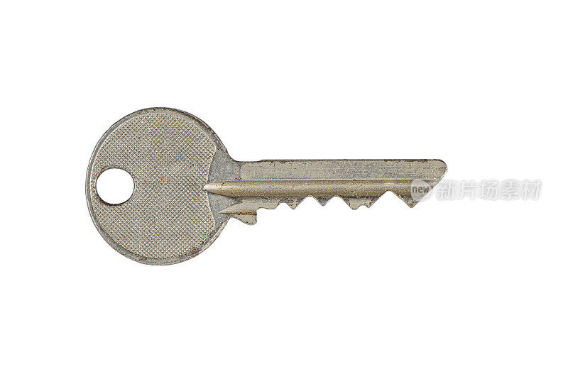 门钥匙，金属材质，有划痕，切割路径，隔离，微距