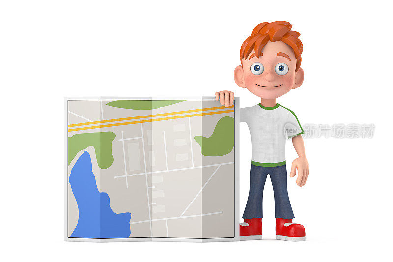 卡通小男孩少年人物吉祥物与抽象城市平面图。3d渲染
