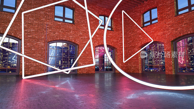 抽象场景与霓虹几何形状在一个大仓库