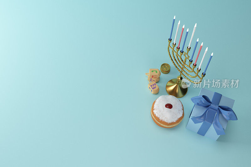 3d渲染的犹太人节日光明节与烛台或传统的烛台，gif盒子，罐子，金币和木制dredreels或旋转陀螺在蓝色背景上的图像。