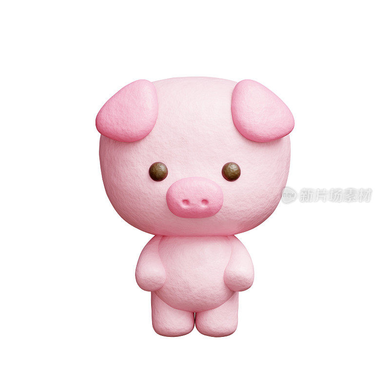 3D萌猪站，卡通动物角色，3D渲染。