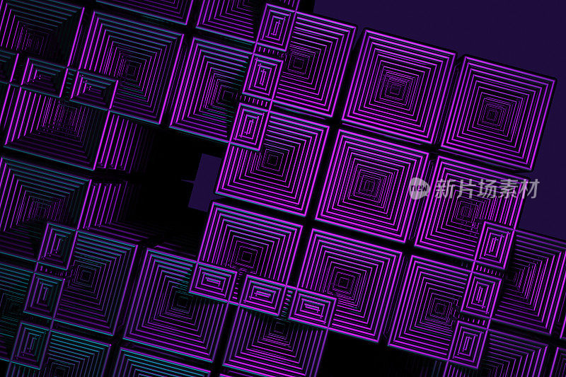 石棉未来的背景，霓虹灯立方体在紫色的背景。三维渲染图