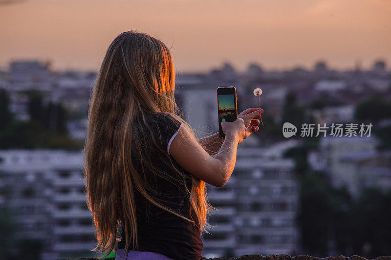 年轻女子在夕阳下拍摄蒲公英剪影，背景是城市建筑