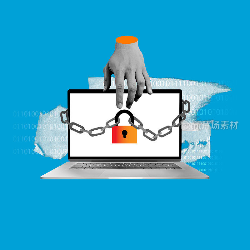 手动锁定笔记本电脑屏幕与链条和挂锁二进制代码。网络安全服务广告。保护数据，防止数据泄露