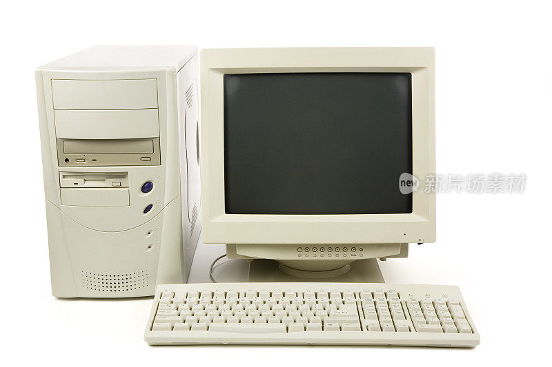 一台带有键盘、塔架和显示器的白色台式机