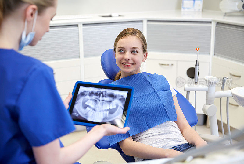 用平板电脑拍x光片的牙医和病人女孩