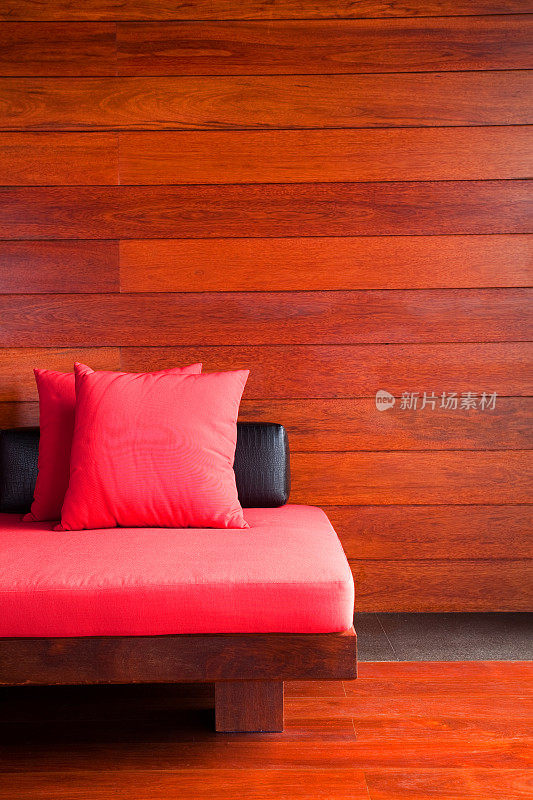 现代现代的大堂，红色的枕头上的家具