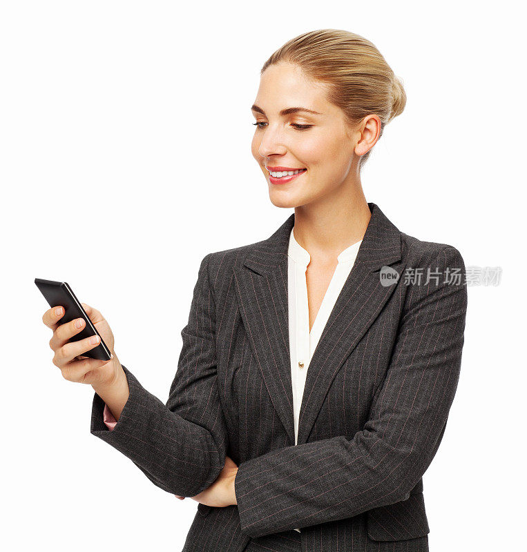 女商人用智能手机发短信