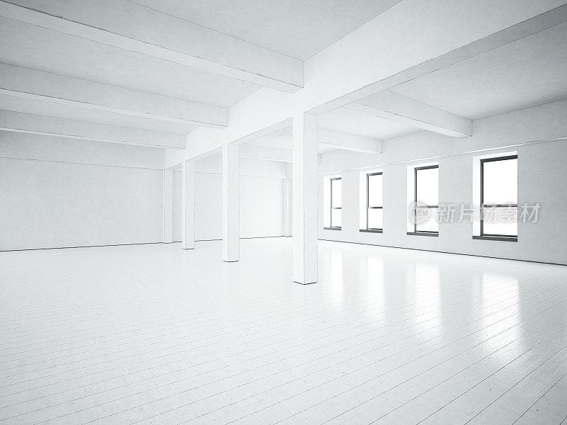 阁楼空间。白色的混凝土墙。