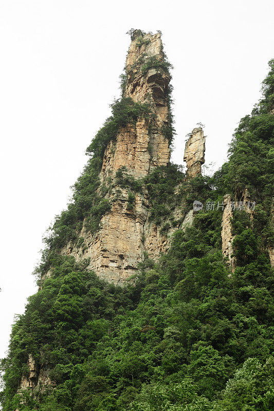 巨大的岩石山环绕着绿色的树木。史诗山景观