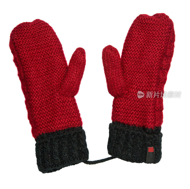 连指手套孤立在白色背景上。针织手套。连指手套顶视图。红黑连指手套