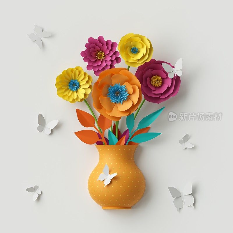3d渲染，可爱的纸花，植物背景，橙色花瓶内的花束，节日剪辑艺术孤立在白色，纸工艺，贺卡