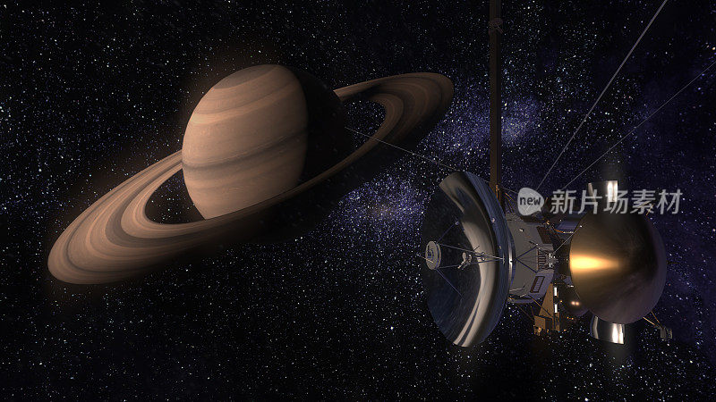 “卡西尼”号卫星正在接近土星。卡西尼·惠更斯号是一艘发射到土星的无人飞船。CG动画。这张照片的元素由美国宇航局提供。