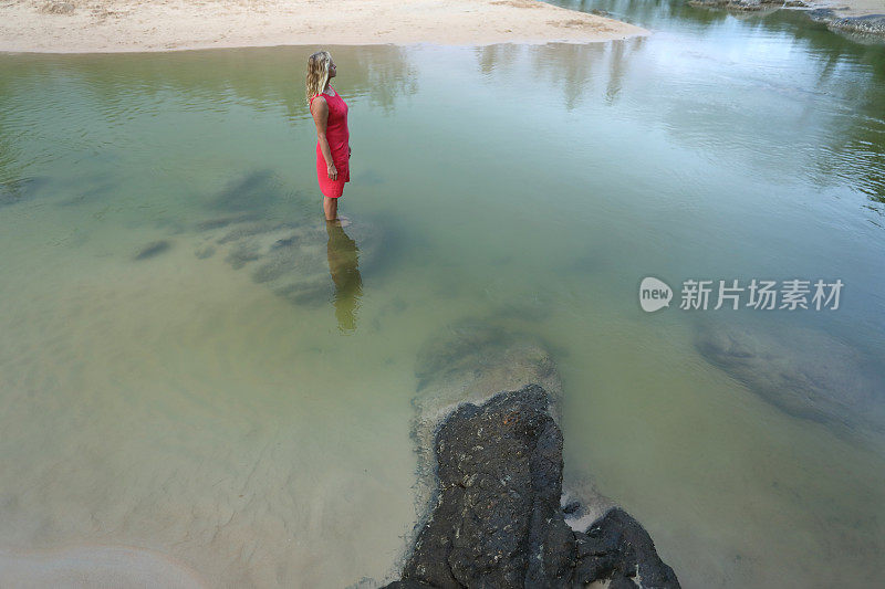 穿红衣服的女人在探索池塘。