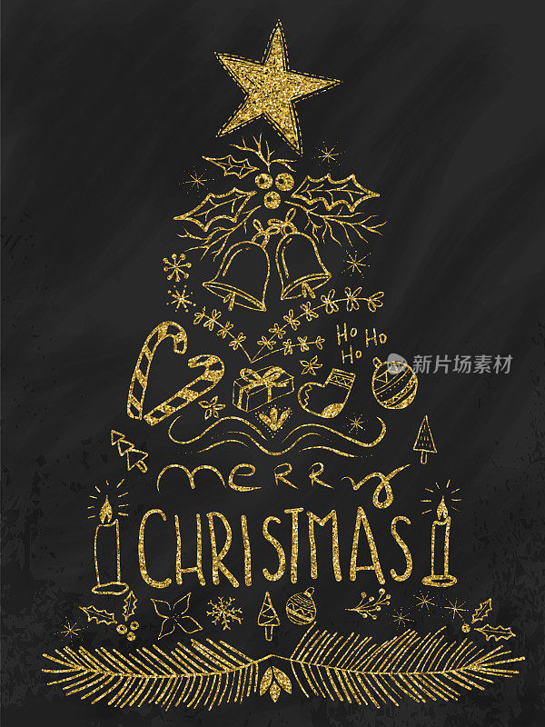 手绘的金色闪闪的圣诞树在黑板上。圣诞贺卡快乐。Hand-lettering用粉笔