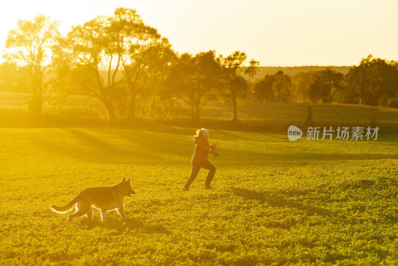 一个男孩和他的德国牧羊犬在农田上奔跑。