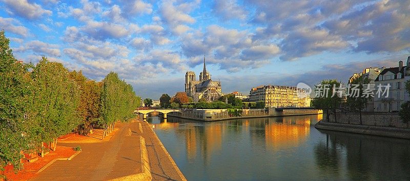 巴黎圣母院大教堂后视图在塞纳河日出-巴黎，法国