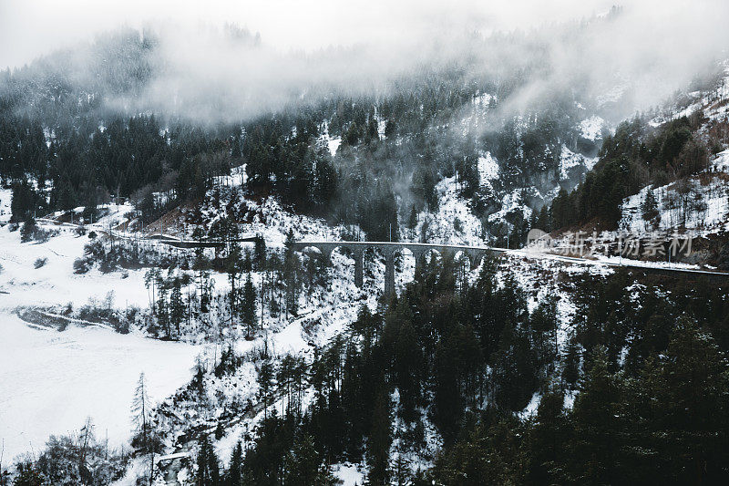 冬天下雪的高架桥在瑞士的雾