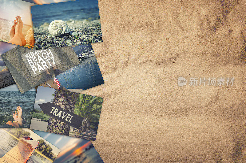 旅行照片拼贴在沙子的背景