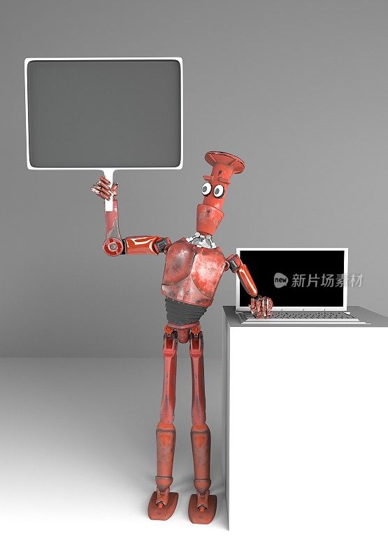 复古机器人卖笔记本电脑，3d渲染。