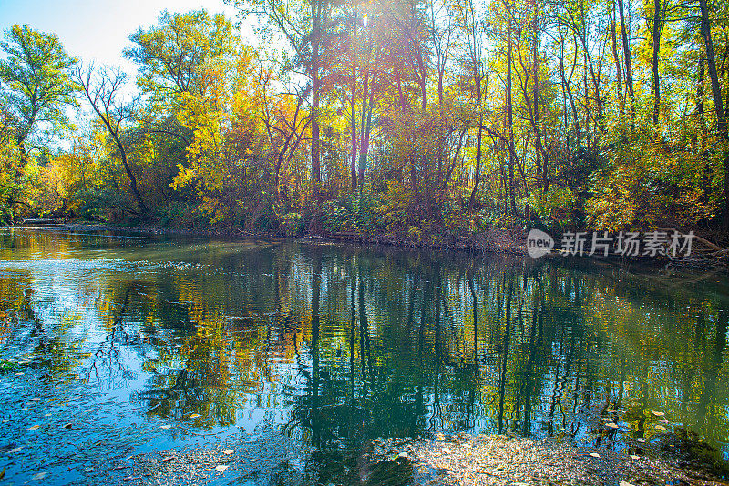 这是一幅在河边被森林包围的秋景