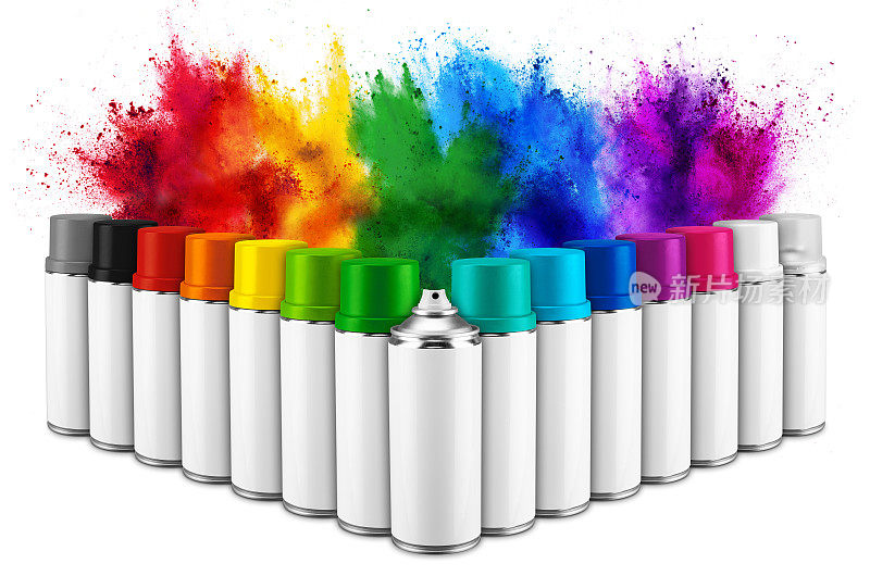 一排排的喷雾剂可以在彩虹洒水前喷上彩色的粉末状涂料，隔绝白色的背景。工业diy喷漆涂鸦概念。