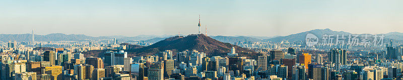 首尔空中全景俯瞰摩天大楼城市景观到南山塔韩国