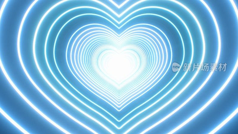 美丽的蓝色心形隧道霓虹灯闪光浪漫爱情快速移动-抽象背景纹理