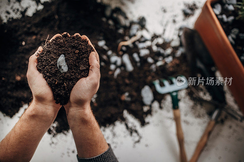 近距离拍摄男人在种植室内植物时手握泥土