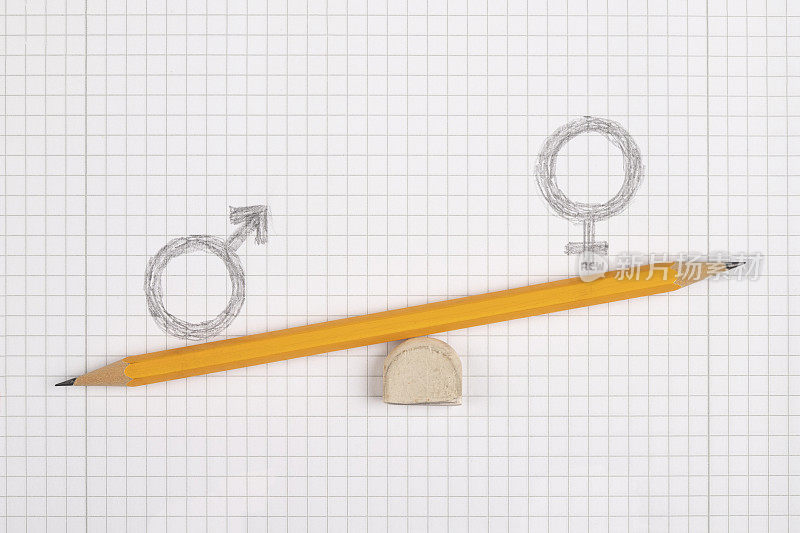 用铅笔制成的跷跷板上有男性和女性的性别符号