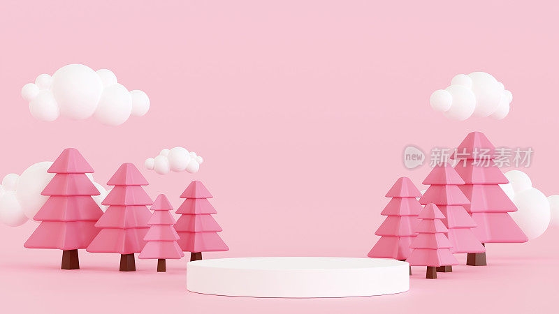 裙台以粉色卡通秋季乡村景观，草甸和山峦以蓝天白云，为横幅，海报背景，3D渲染。