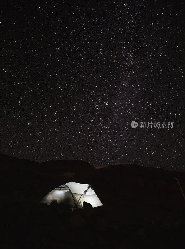 亚拉腊山坡上的夜景和游客帐篷，银河，夜晚露营的星空