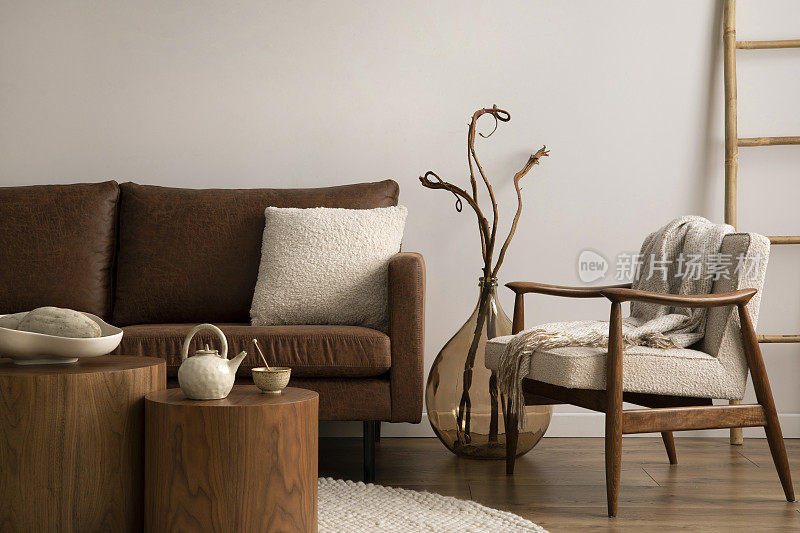 室内设计时尚优雅，棕色沙发，毛线扶手椅，木制咖啡桌，茶壶，装饰和个人配件。温馨的家居装饰。模板。