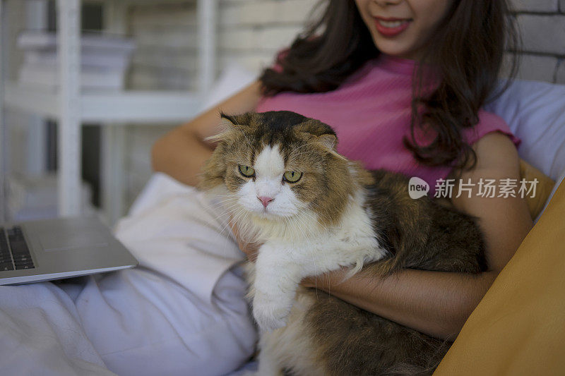 年轻女子和猫呆在家里。