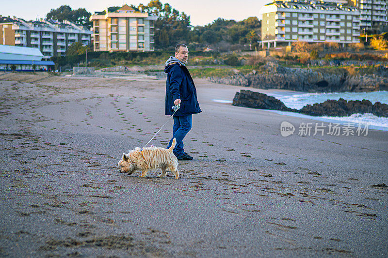 一个成熟的男人带着一只狗走在海滩上